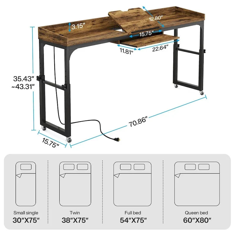 Table de chevet réglable en hauteur avec roulettes, chariot mobile pour ordinateur portable avec prises et ports USB