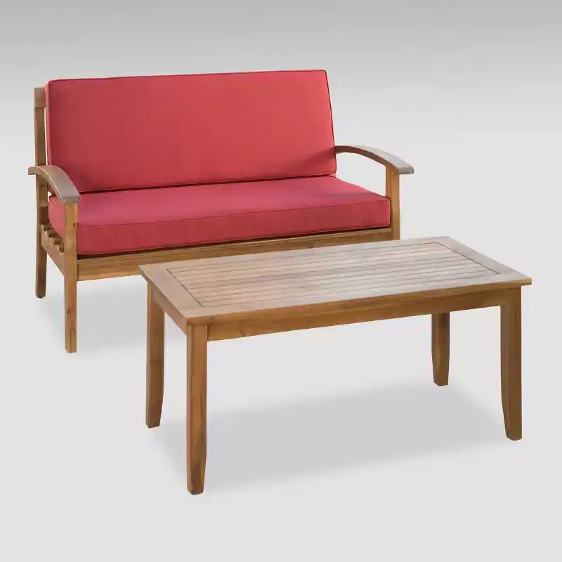 Ensemble causeuse et table basse Peyton 2 pièces en bois d'acacia – Teck/Rouge – Christopher Knight Home