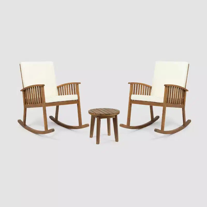 Abbottsford 3pc Acacia Wood Rocking Chairs and Side Table Set - Brown/Cream - Christopher Knight Home: Weather-Resistant Outdoor Seating