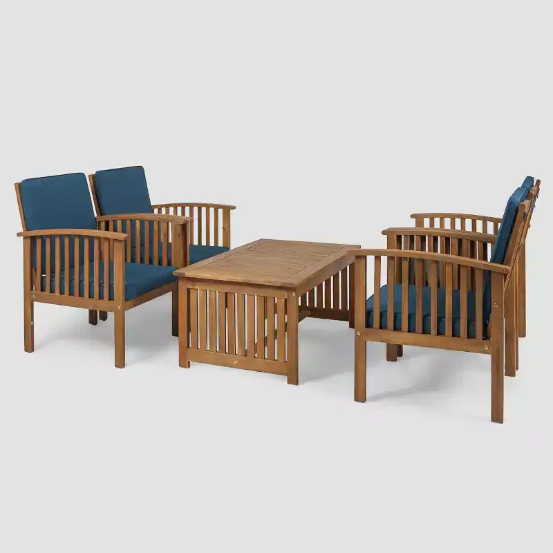 Carolina : Ensemble 5 fauteuils de club en acacia avec table basse, finition patine brune/bleu sarcelle foncé - Christopher Knight Home : Salon de jardin résistant aux intempéries