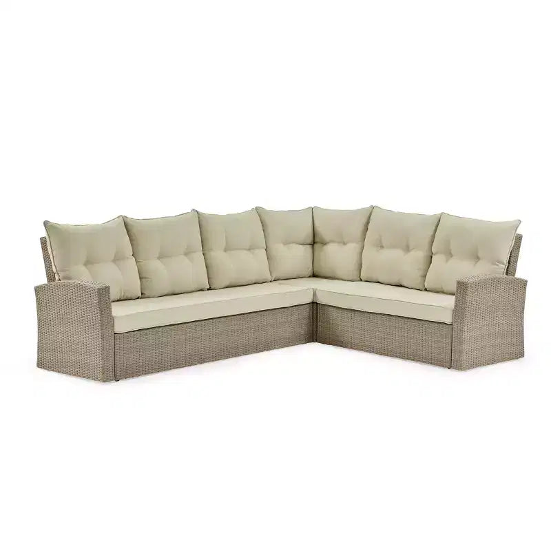 Canapé d'angle d'extérieur en osier toutes saisons Canaan 3 pièces avec coussins marron - Alaterre Furniture : Résistant aux intempéries, cadre en aluminium