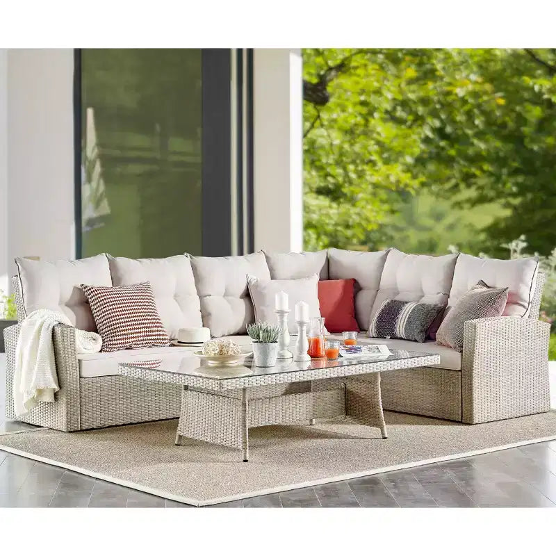 Canapé d'angle d'extérieur en osier toutes saisons Canaan 3 pièces avec coussins marron - Alaterre Furniture : Résistant aux intempéries, cadre en aluminium