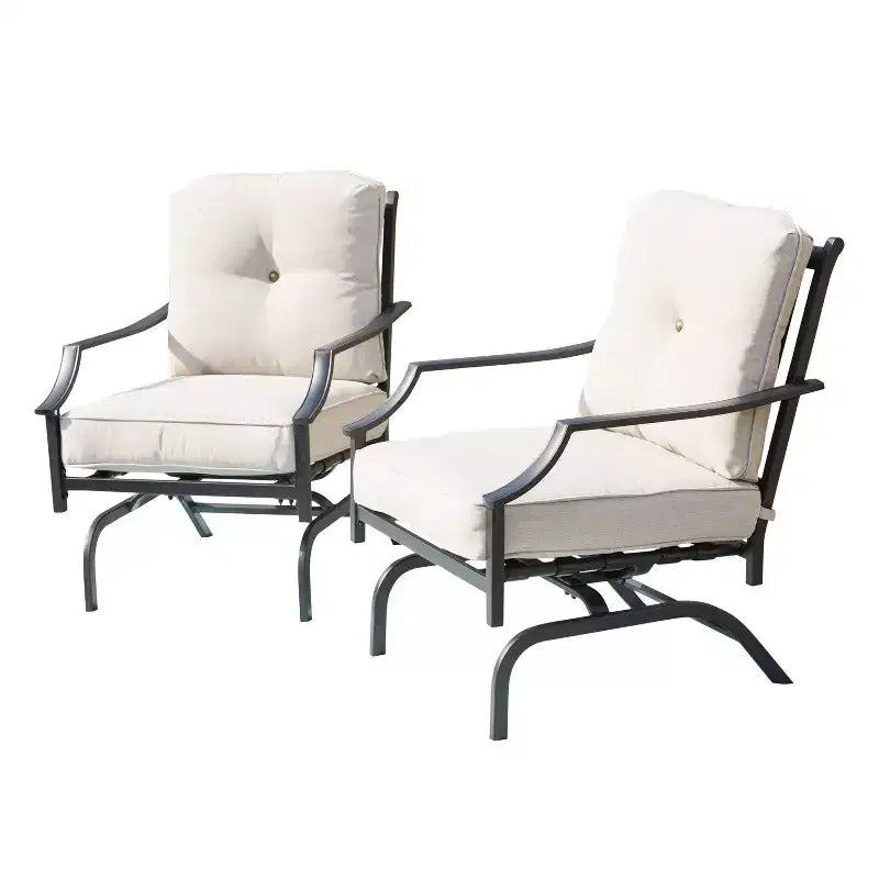 Ensemble de 3 pièces de salon de patio à cadre en acier rayé crème - Lokatse: Ensemble de conversation extérieur avec fauteuils à bascule et table d'appoint