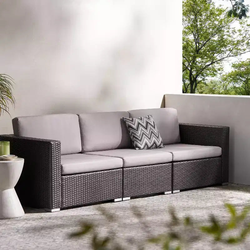 Christopher Knight Home Canapé d'angle d'extérieur 3 pièces en osier Santa Rosa gris/gris clair
