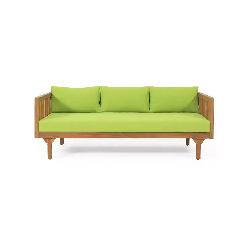 Claremont Outdoor 3 Seater Acacia Wood Daybed with Cushions Teak/Green - Christopher Knight Home: UV-Resistant, Water-Repellent Patio Sofa