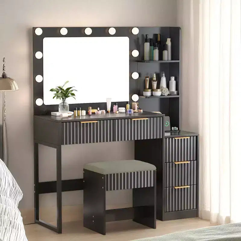 Panneau de particules blanc plaqué mélamine texturée, étagère à 2 niveaux et 5 tiroirs, avec 11 ampoules tricolores à intensité variable, ensemble coiffeuse