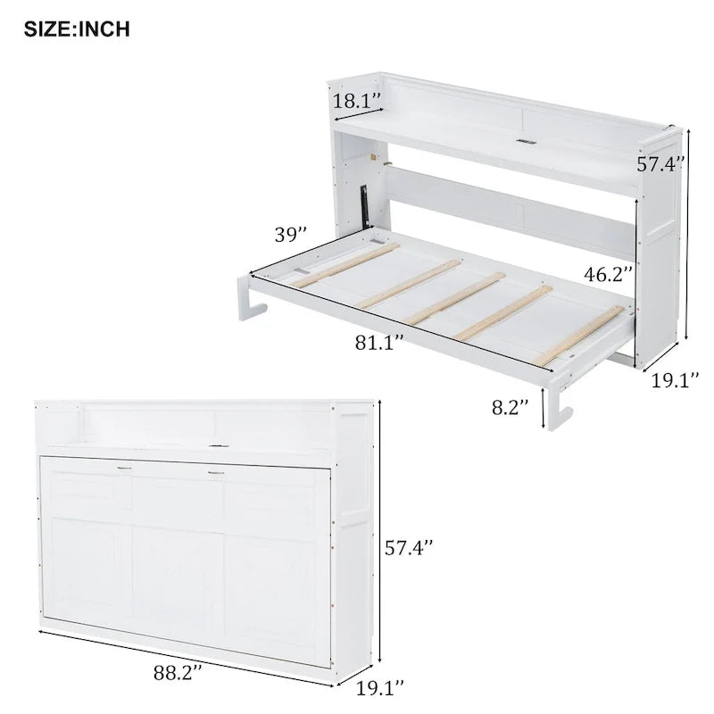 Lit escamotable Twin XL avec bureau et lumière LED, cadre en bois massif avec station de recharge USB, pour petits espaces et bureaux à domicile