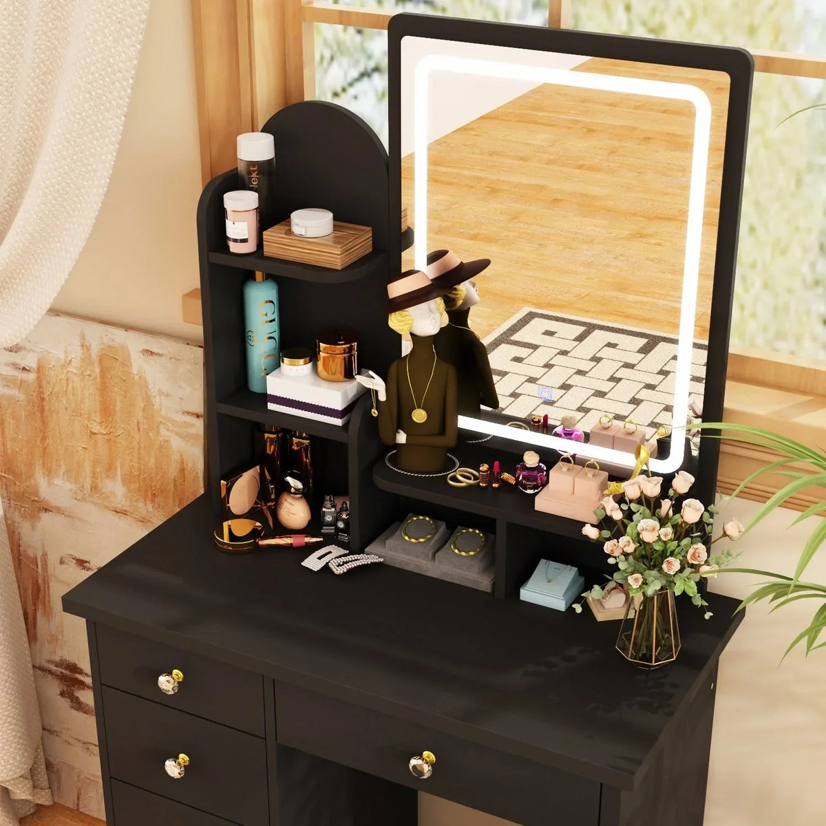 Coiffeuse avec miroir, éclairage LED et tabouret