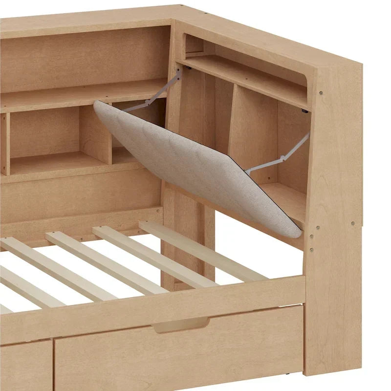 Canapé-lit en bois en L avec bureau, bibliothèque avec placard, lit d’angle avec tiroirs sous le lit, tête de lit rembourrée avec éclairage intégré