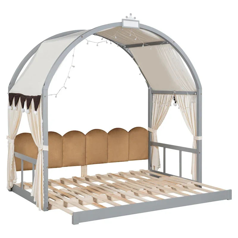 Lit plateforme Montessori au sol en bois massif, style maisonnette avec toit arqué et lit gigogne, pour filles et garçons
