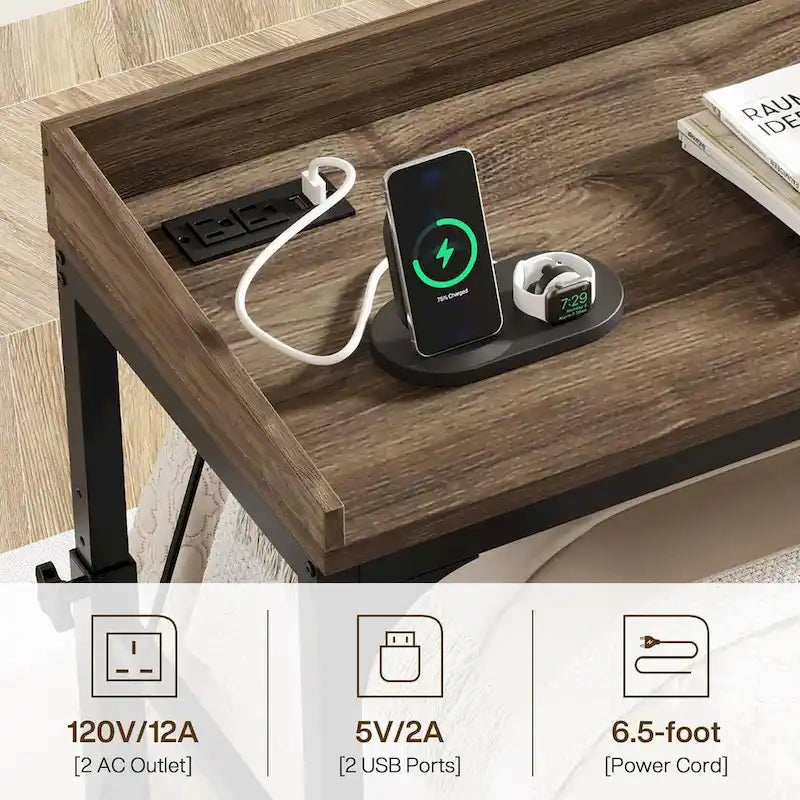 Table de chevet réglable en hauteur avec roulettes, chariot mobile pour ordinateur portable avec prises et ports USB