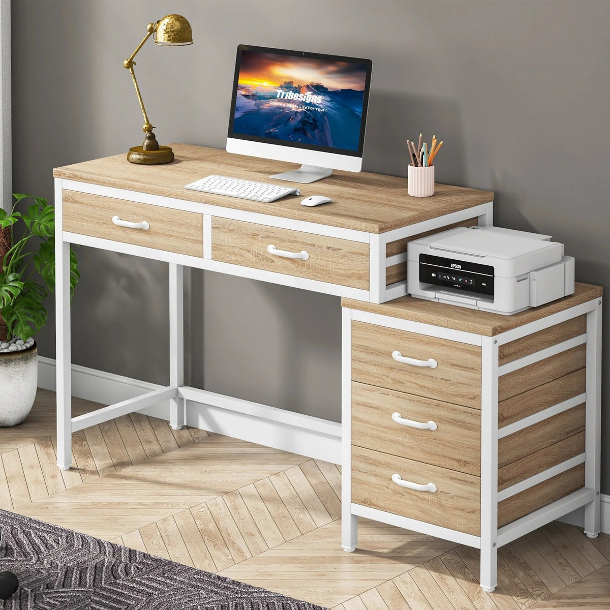 Bureau d'ordinateur réversible avec 5 tiroirs, bureau de travail à domicile avec caisson de rangement pour dossiers et support pour imprimante