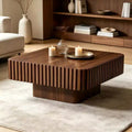 Table basse tambour artisanale moderne 31,5 po, carrée, piètement en MDF noyer