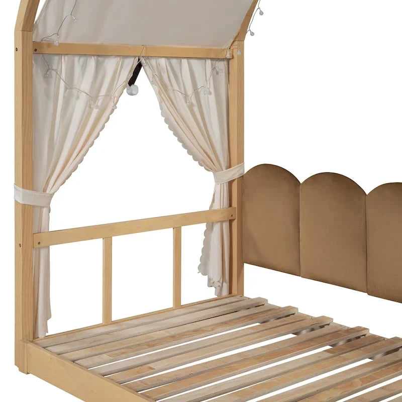 Lit plateforme Montessori au sol en bois massif, style maisonnette avec toit arqué et lit gigogne, pour filles et garçons