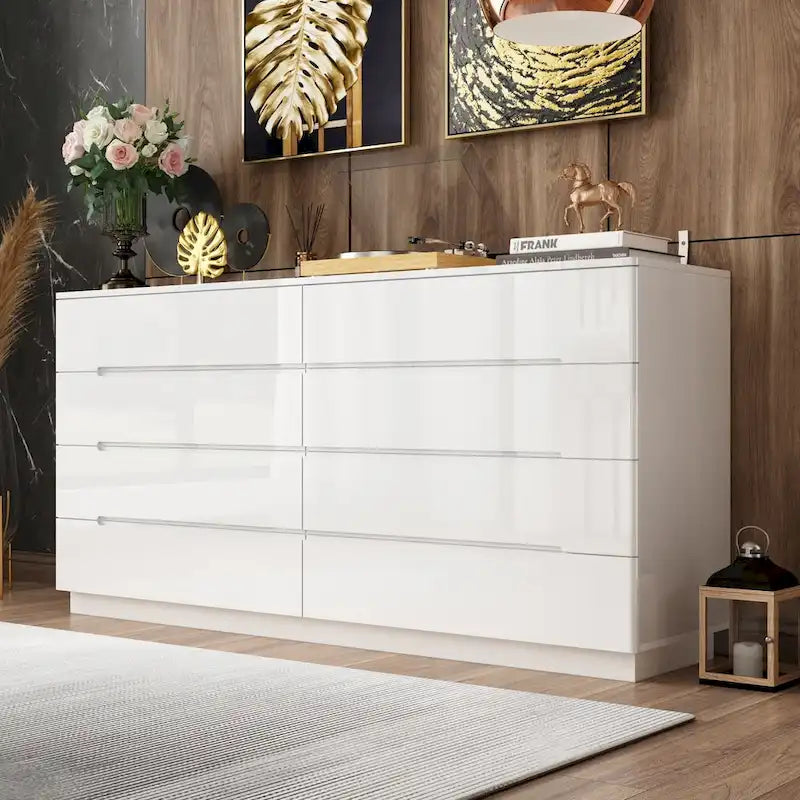 Commode 63 à finition haute brillance avec caisson éclairé à 8 tiroirs et plateau spacieux