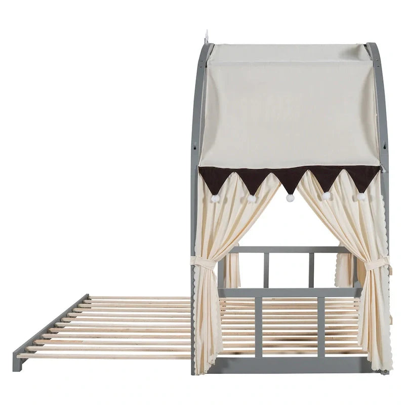 Lit plateforme Montessori au sol en bois massif, style maisonnette avec toit arqué et lit gigogne, pour filles et garçons