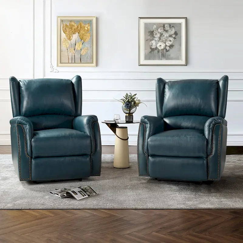 Fauteuil inclinable électrique en cuir véritable avec port USB – Ensemble de 2 fauteuils à oreilles cloutés