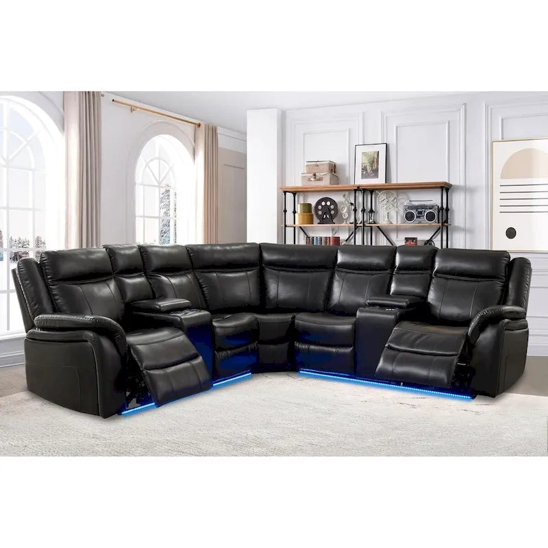 Canapé d'angle inclinable électrique avec lumières LED, fauteuil inclinable en similicuir, porte-gobelets en forme de L, port USB pour salon noir