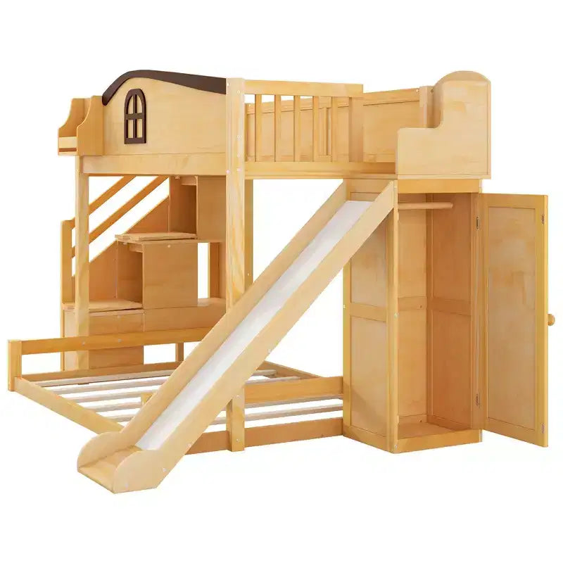 Lit superposé avec lit simple au-dessus et lit double en dessous, toboggan, étagères, escalier de rangement et armoire pour chambre d’enfant