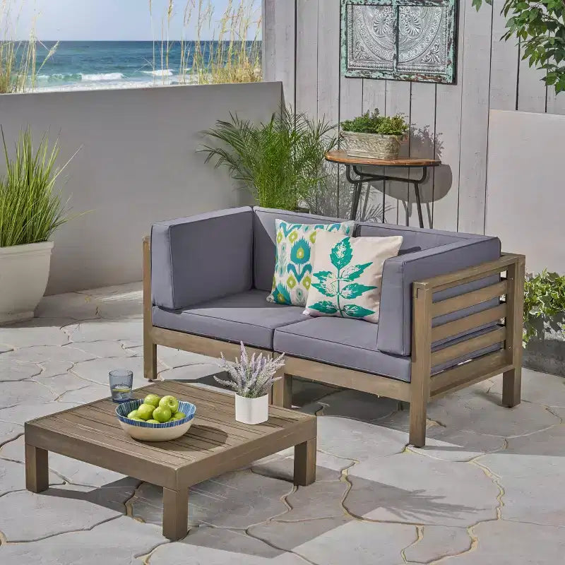 Christopher Knight Home Oana Outdoor Acacia Wood Loveseat and Coffee Table Set with Cushions