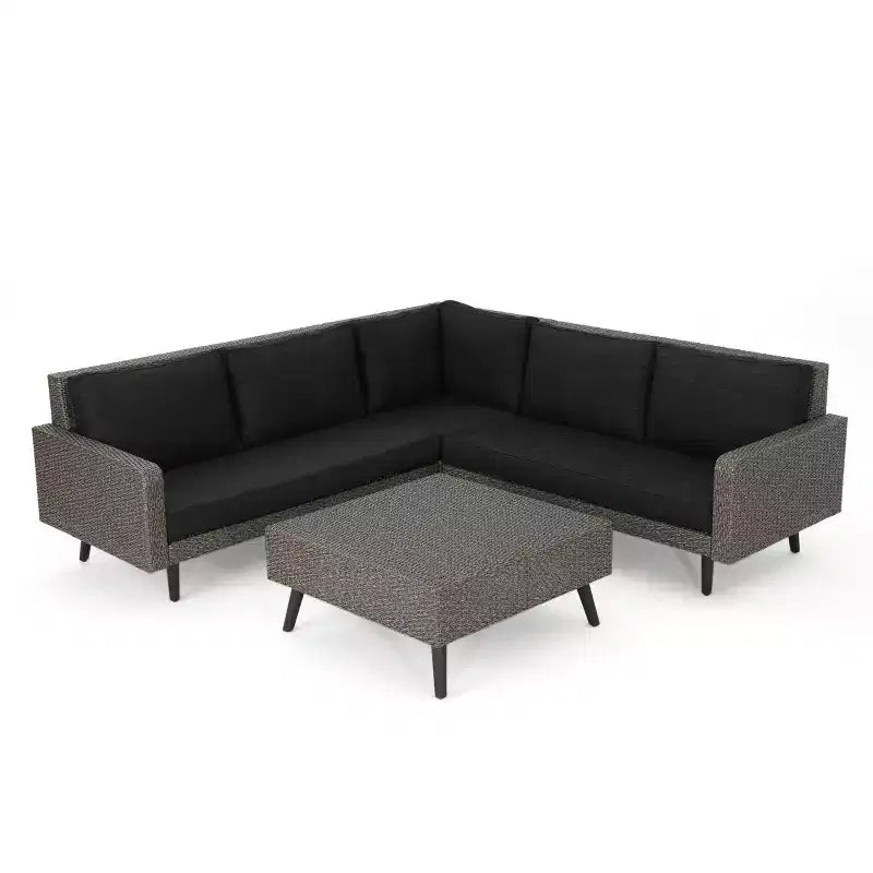 GDFStudio Hensley Outdoor Wicker 5 Seater V-Shape Sectional Sofa Chat Set with Cushions, Mixed Black/Dark Gray