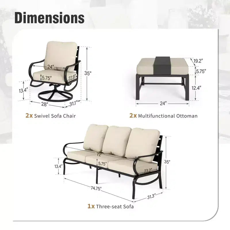 Captiva Designs - Salon de jardin 5 pièces en métal avec fauteuils pivotants et poufs pour jardin, porche et terrasse.