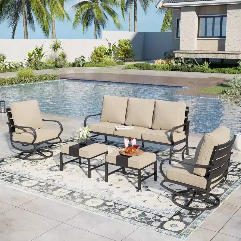 Captiva Designs 5pc Metal Patio Furniture Conversation Set with Swivel Chairs and Ottomans for Garden Porch Backyard