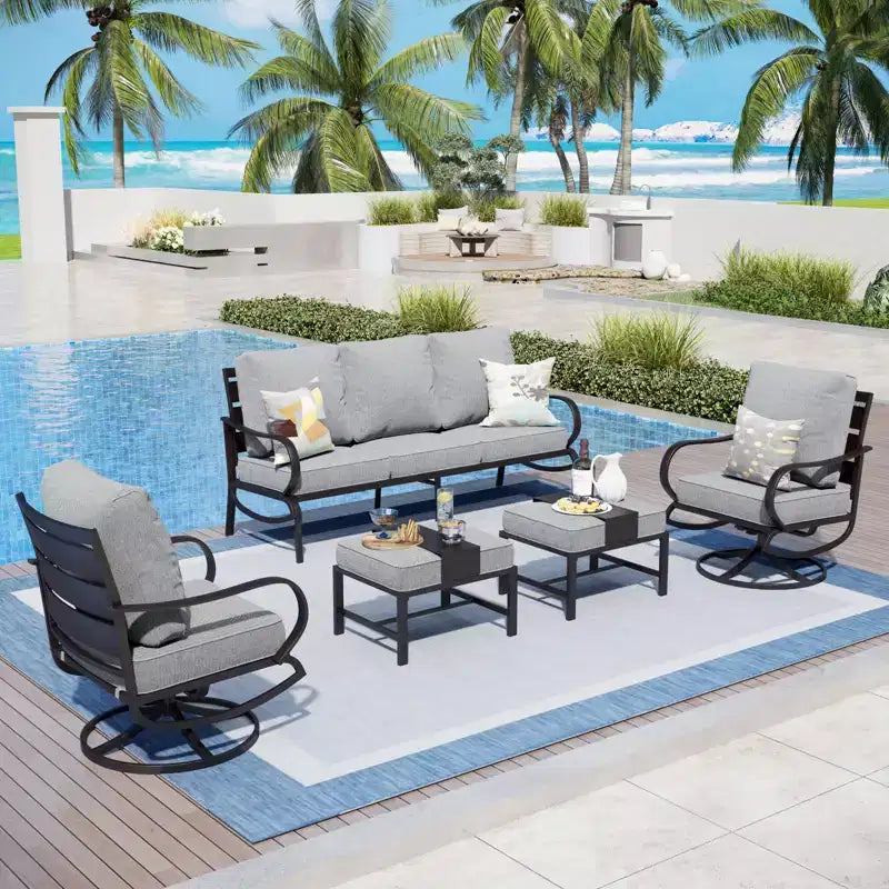 Captiva Designs - Salon de jardin 5 pièces en métal avec fauteuils pivotants et poufs pour jardin, porche et terrasse.