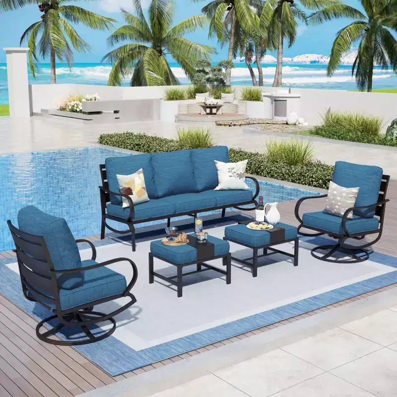 Captiva Designs - Salon de jardin 5 pièces en métal avec fauteuils pivotants et poufs pour jardin, porche et terrasse.