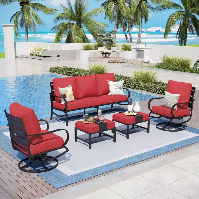 Captiva Designs - Salon de jardin 5 pièces en métal avec fauteuils pivotants et poufs pour jardin, porche et terrasse.