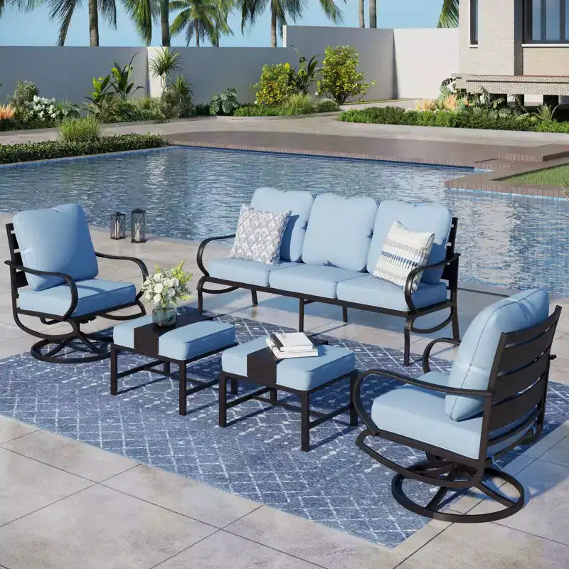 Captiva Designs - Salon de jardin 5 pièces en métal avec fauteuils pivotants et poufs pour jardin, porche et terrasse.