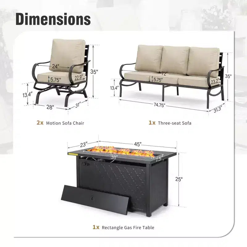 Captiva Designs Ensemble de mobilier de jardin 4 pièces en métal avec foyer et fauteuils à bascule pour terrasse, véranda ou jardin.