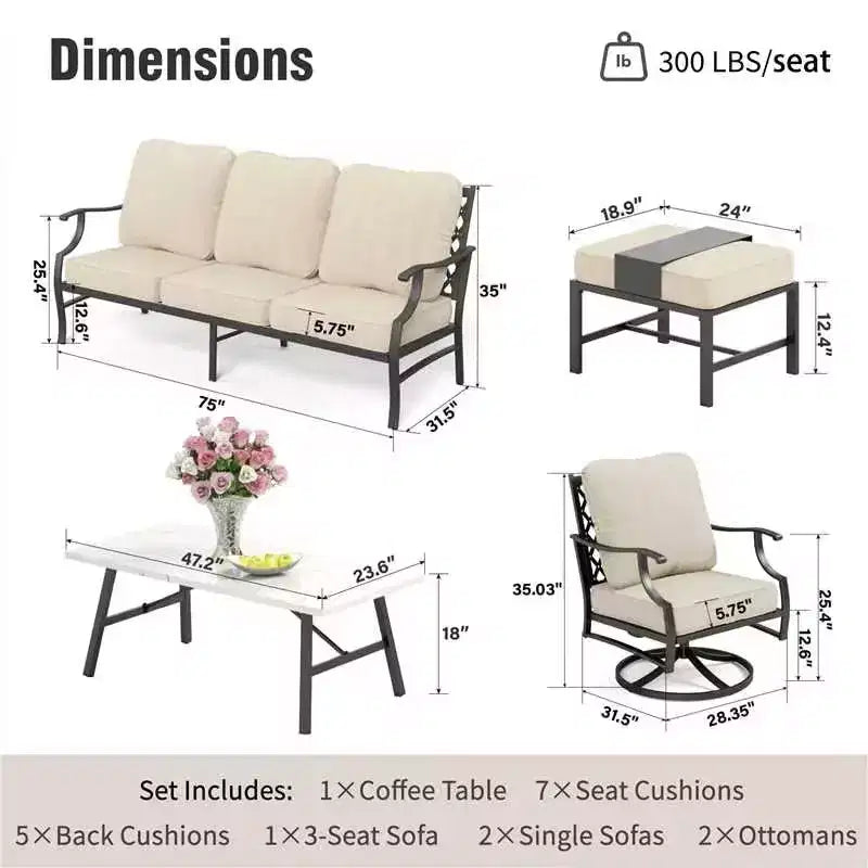 Captiva Designs Ensemble de conversation d'extérieur 6 pièces en métal avec fauteuils pivotants à dossier en grille, poufs et table basse