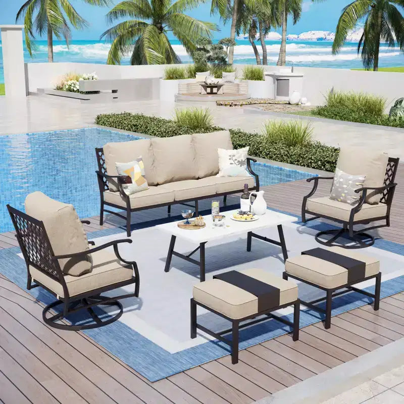 Captiva Designs Ensemble de conversation d'extérieur 6 pièces en métal avec fauteuils pivotants à dossier en grille, poufs et table basse