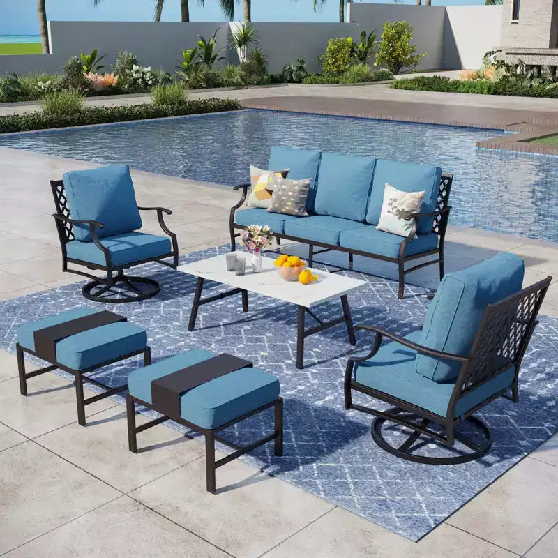 Captiva Designs Ensemble de conversation d'extérieur 6 pièces en métal avec fauteuils pivotants à dossier en grille, poufs et table basse