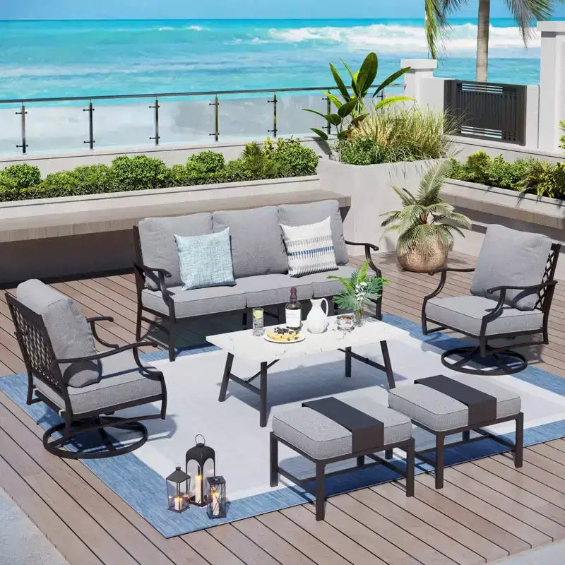 Captiva Designs Ensemble de conversation d'extérieur 6 pièces en métal avec fauteuils pivotants à dossier en grille, poufs et table basse