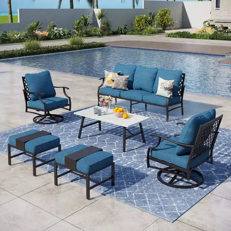 Captiva Designs Ensemble de conversation d'extérieur 6 pièces en métal avec fauteuils pivotants à dossier en grille, poufs et table basse