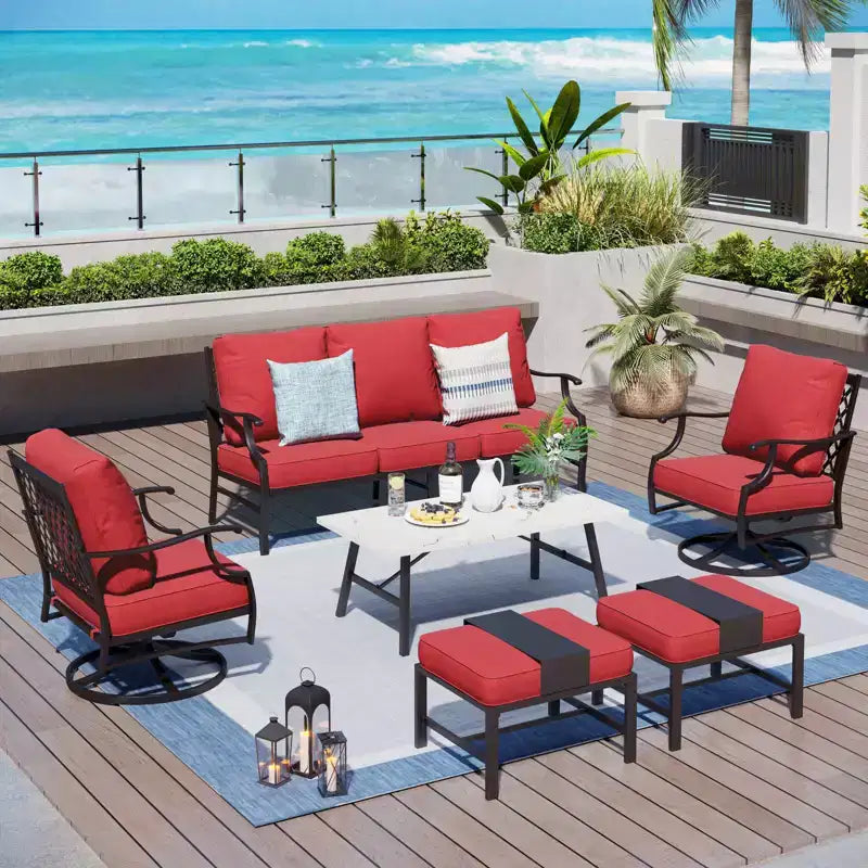 Captiva Designs Ensemble de conversation d'extérieur 6 pièces en métal avec fauteuils pivotants à dossier en grille, poufs et table basse