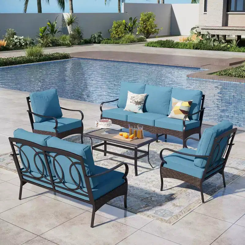 Captiva Designs Ensemble de conversation d'extérieur 5 pièces extra large en métal et rotin avec table basse et causeuse