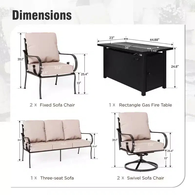 Ensemble de salon de jardin avec brasero extra-large Captiva Designs 6 pièces en métal avec fauteuils pivotants à dossier motif