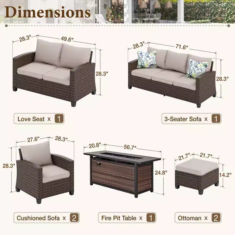 Captiva Designs Ensemble de salon de jardin 7 pièces en rotin tressé avec coussins, brasero, ottomans et causeuse