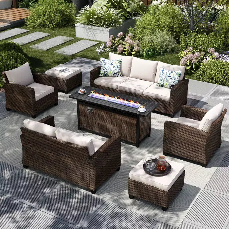 Captiva Designs 7pc Outdoor Patio Wicker Rattan Cushioned Sofa Fire Pit Set with Ottomans and Loveseat