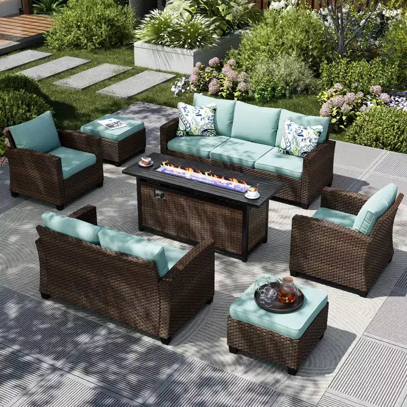 Captiva Designs Ensemble de salon de jardin 7 pièces en rotin tressé avec coussins, brasero, ottomans et causeuse