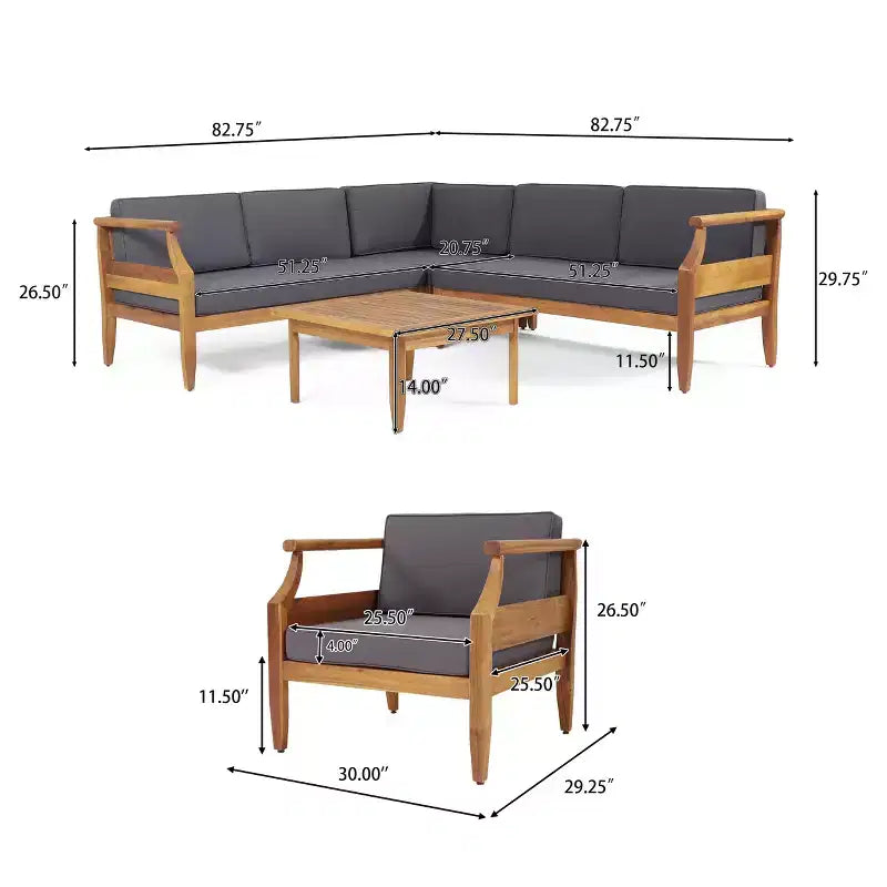Christopher Knight Home Aston Sectionnel d'extérieur 5 places en bois d'acacia avec fauteuil club, teck et gris foncé