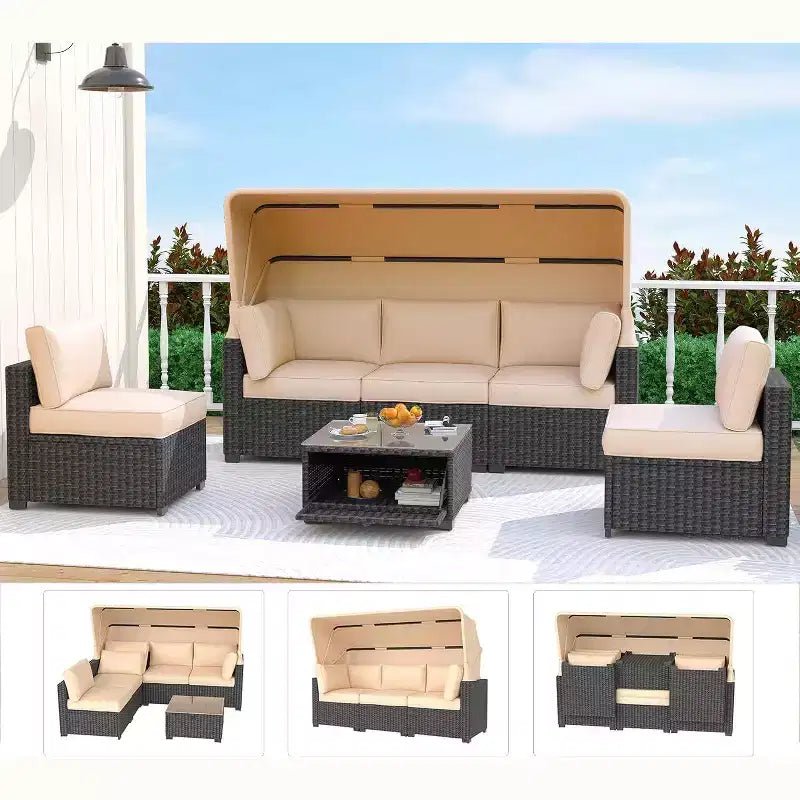 Garvee Outdoor Daybed with Canopy,6 Pieces Patio Furniture Sets Adjustable Backrest PE Gradient Wicker Sectional Furniture Set