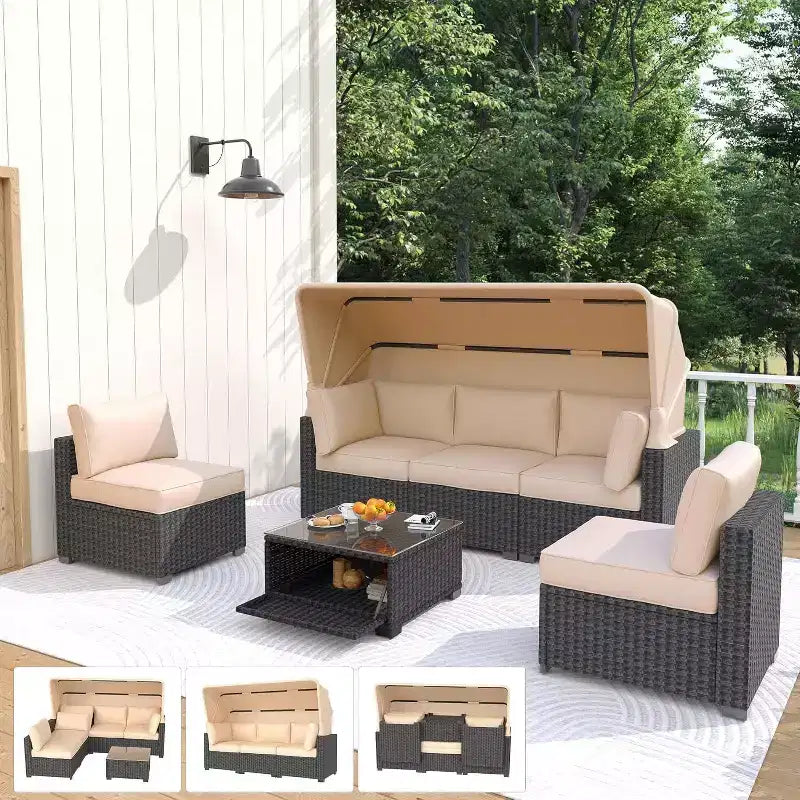 Garvee Lit de repos extérieur avec auvent, ensembles de meubles de patio 6 pièces avec dossier réglable en rotin dégradé de PE