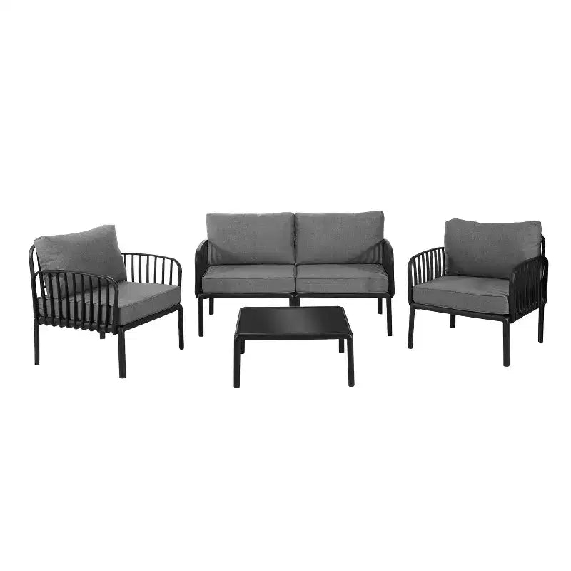 Ensemble de mobilier de patio moderne 4 ou 6 pièces avec table basse carrée, ensemble de conversation avec coussins imperméables, noir/blanc - ModernLuxe