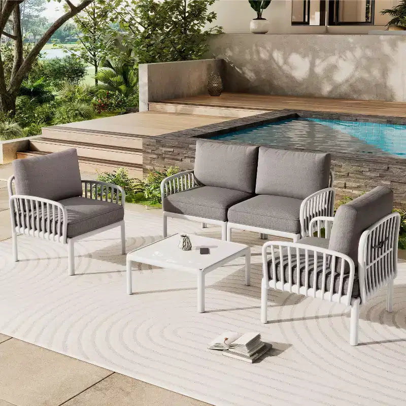 Ensemble de mobilier de patio moderne 4 ou 6 pièces avec table basse carrée, ensemble de conversation avec coussins imperméables, noir/blanc - ModernLuxe