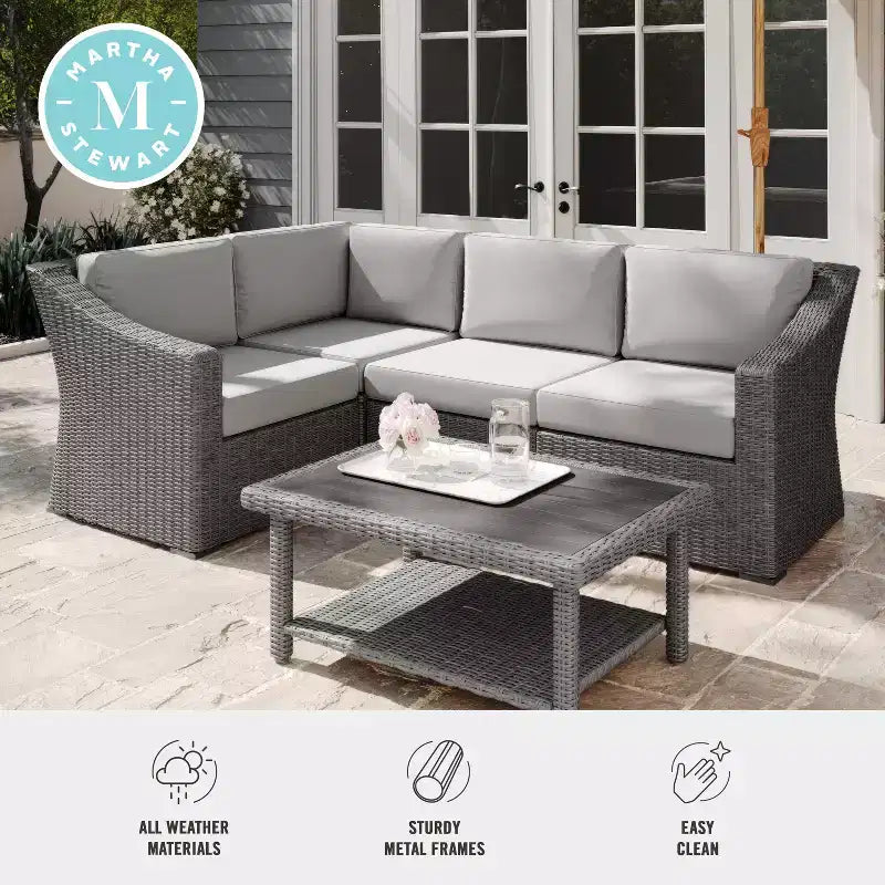 Canapé d'angle modulable 4 places Martha Stewart Bedford pour l'intérieur et l'extérieur, en rotin tressé, avec coussins toutes saisons
