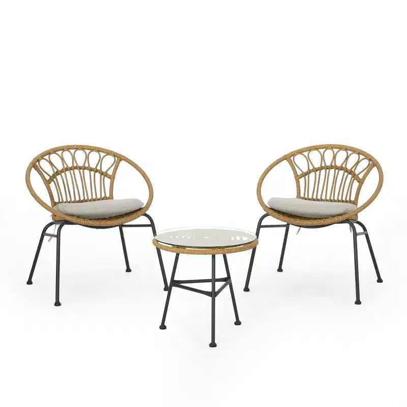 Christopher Knight Home Banya Salon de jardin 3 pièces en osier et fer avec table en verre trempé, marron clair/beige